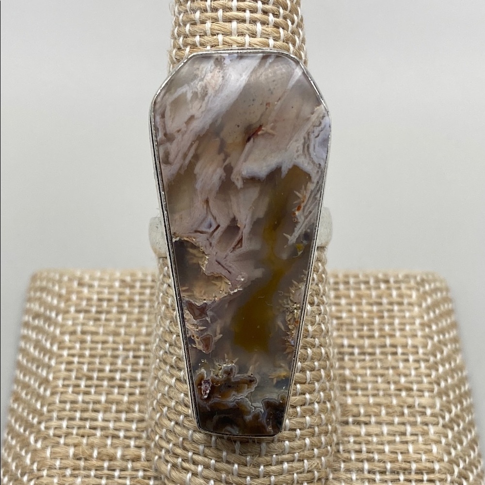 New Stick Agate Stone Coffin Shape Statement Silver Overlay Ring Size 7.5 - 7.75